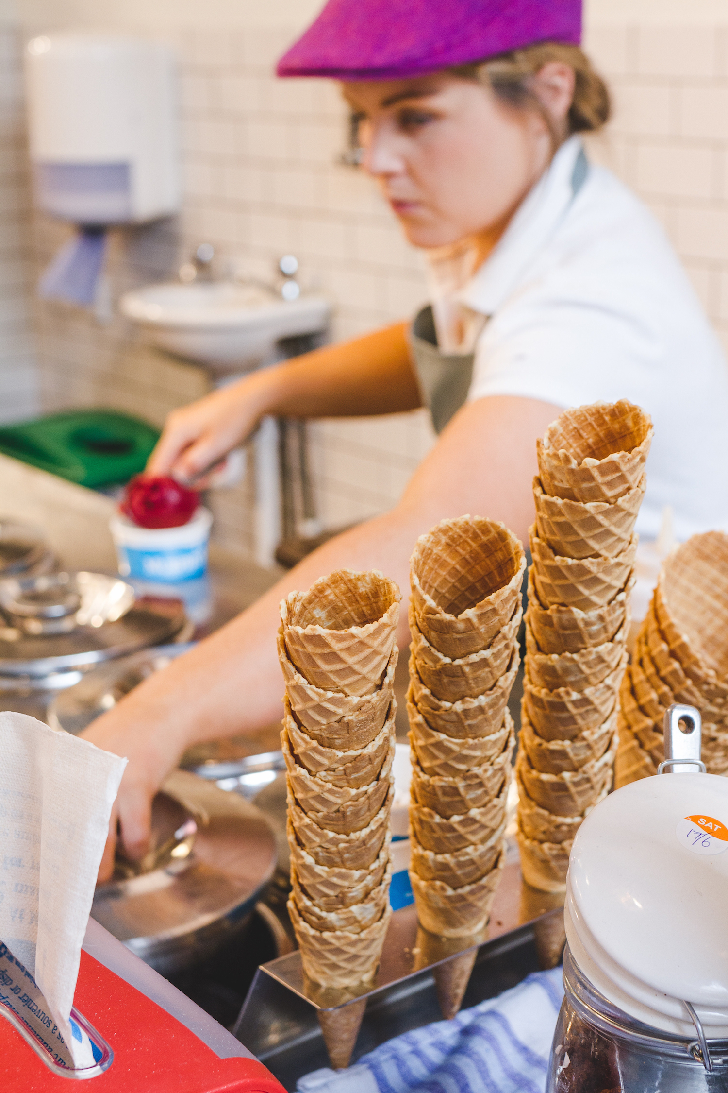 An artisan ice-cream maker preparing fresh cones in Dublin